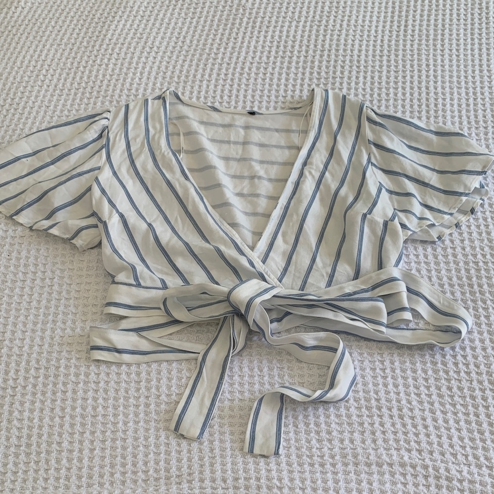 Striped Wrap Crop Top in Blue and White